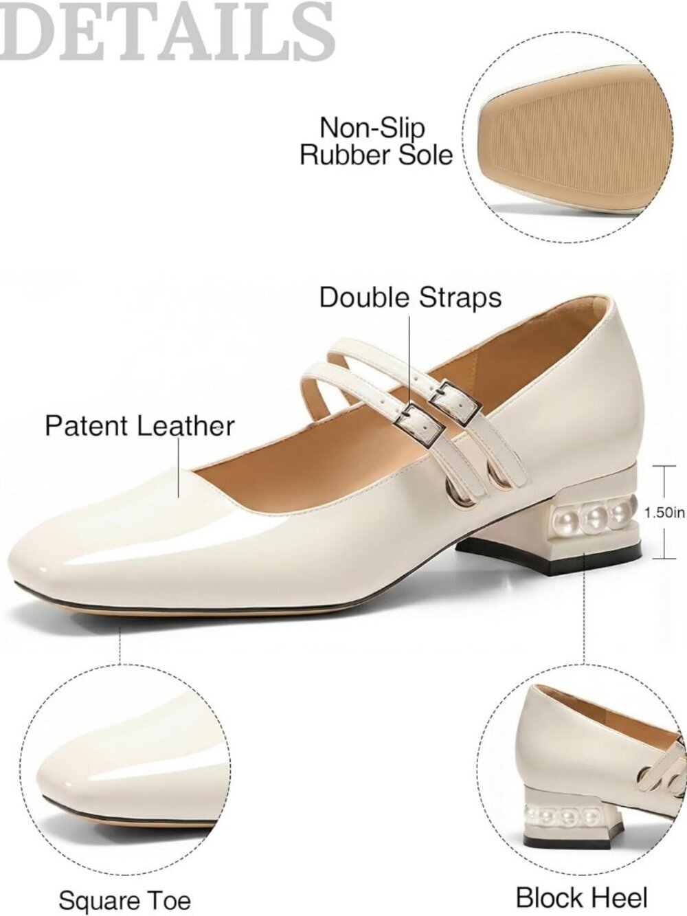 Women's Pearl White Mary Jane Low Pearl Heels Square Toe Pumps Ballet Shoes - Picture 6 of 6